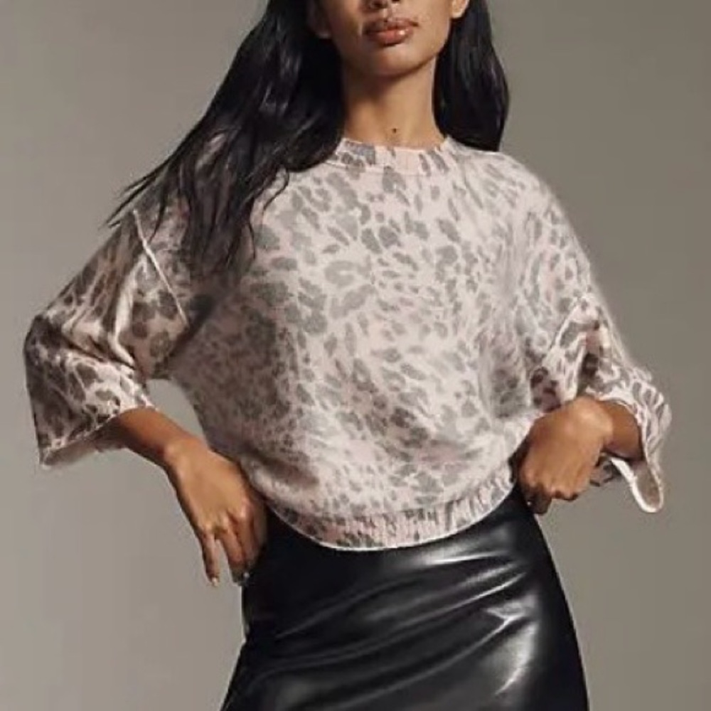 Size Small Maeve Anthropologie Brushed Cashmere Boxy Crop Sweater Cheetah Print - Picture 1 of 10
